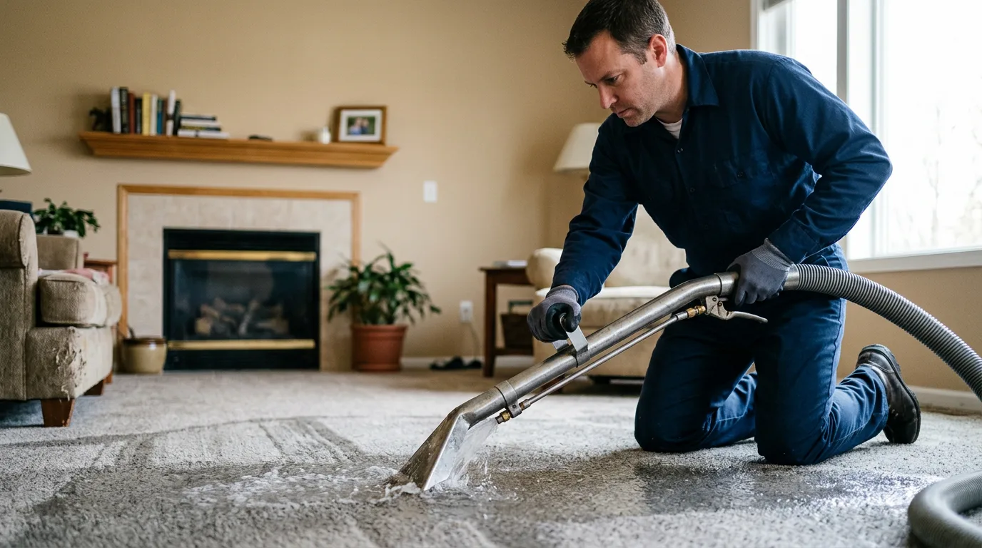Water damage restoration technician working in a home in Alaska